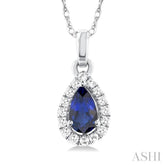 5x3 MM Pear Shape Sapphire and 1/20 Ctw Single Cut Diamond Halo Precious Pendant with Chain in 10K White Gold